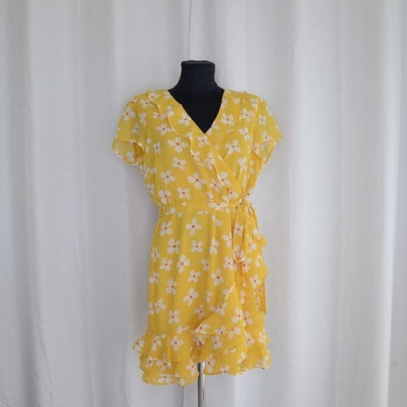 Bardot Yellow Abstract Daisy Yellow Wrap Short Sleeve Mini Dress Sz 8 - Picture 2 of 9